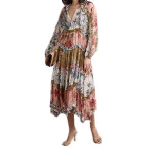 Zimmerman Cassia Ruffled Floral Crinkled Silk Georgette Midi Dress Size 0